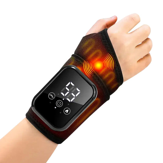 Kinerelief heated wrist massager worn on wrist with LED touch controls and warming vibration pads
