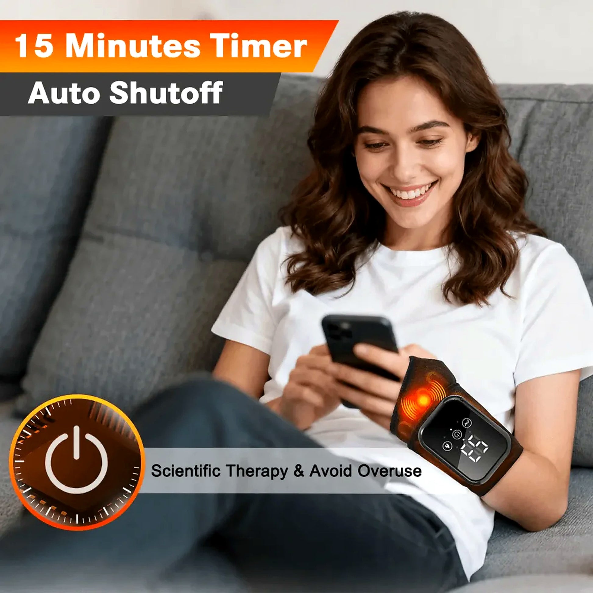 Kinerelief wrist massager worn while relaxing, highlighting 15 minute timer and auto shutoff