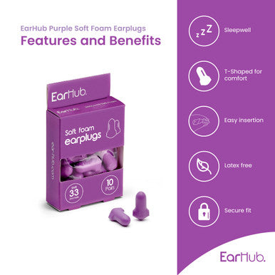 EarHub Sleepwell Premium Soft Foam Earplugs Purple 10 Pairs